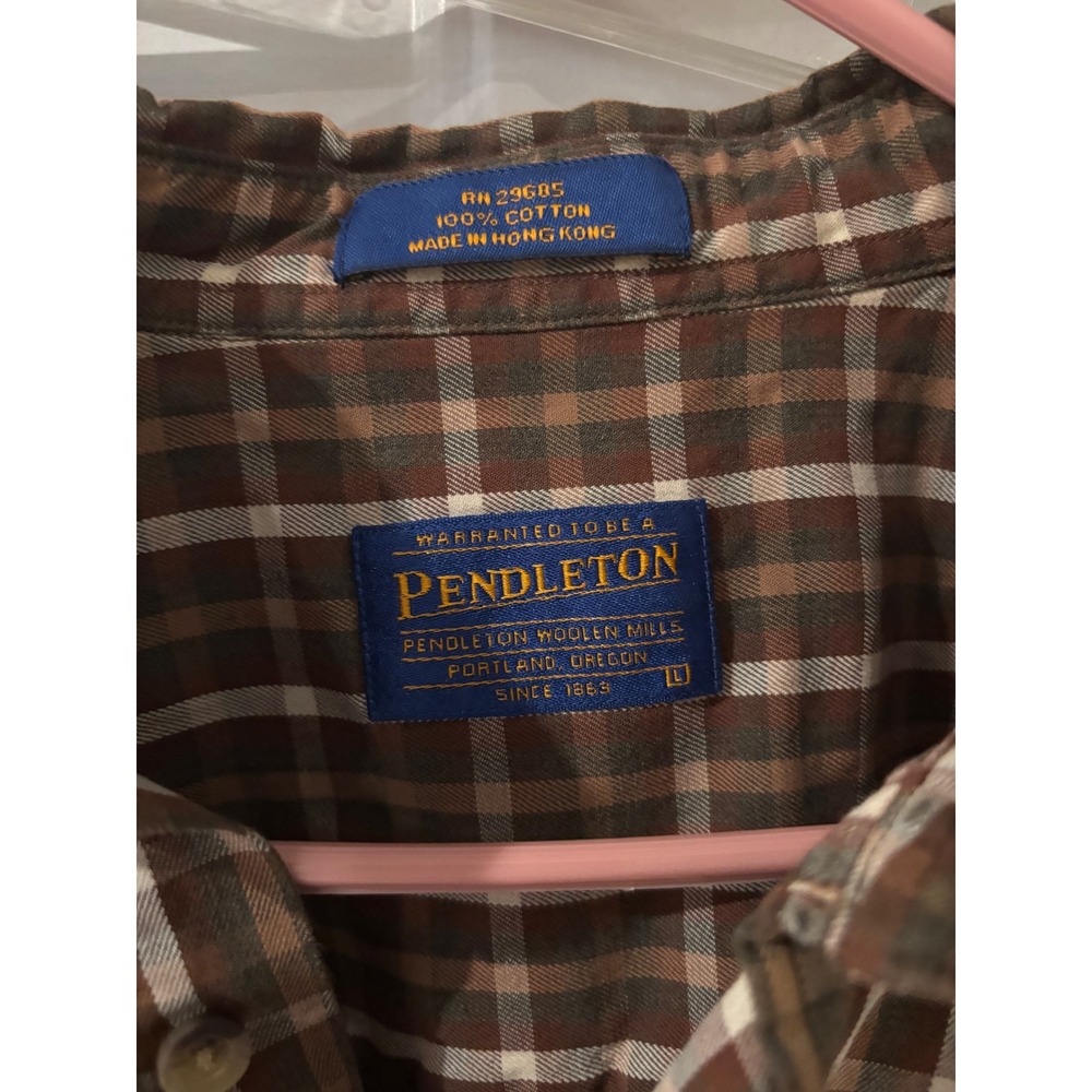 Pendleton Cotton Plaid Button Up Shirt Brown White Checkered Mens L - Picture 2 of 4
